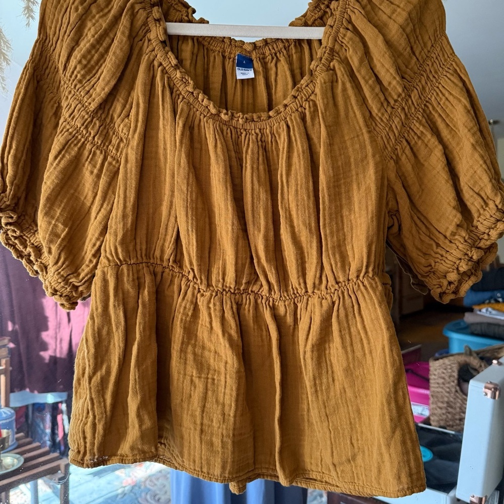 Old Navy Women's Cottage Core Peasant Mustard Yellow Blouse 100% Cotton - Picture 5 of 6